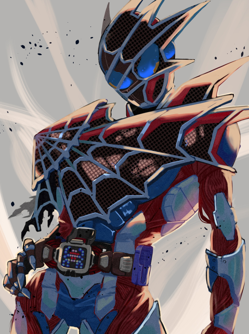 1boy, armor, asymmetrical_armor, black_armor, black_gloves, blue_armor, blue_eyes, bodysuit