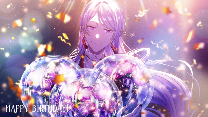 1boy, azuma_hatori, balloon, black_kimono, bouquet, confetti, earrings, facing_viewer