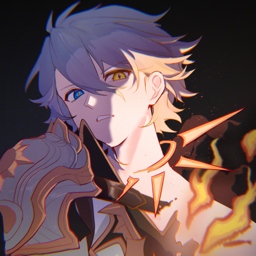 1boy, armor, black_background, chinese_commentary, clenched_teeth, coat, curly_hair, fire