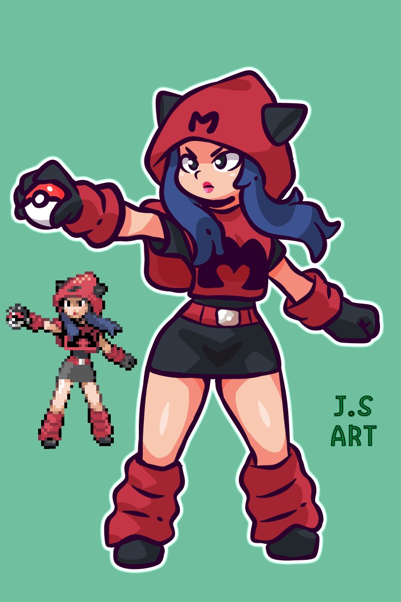 blue_hair, dress, highres, jsart12, legs, miniskirt, pixel_art, poke_ball, pokemon, pokemon_(anime), pokemon_emerald, pokemon_rse, red_dress, skirt, team_magma