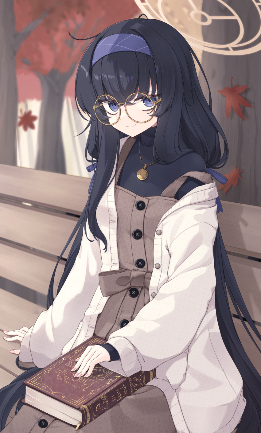 1girl, alternate_costume, autumn, autumn_leaves, bags_under_eyes, bench, black_hair, blue_archive