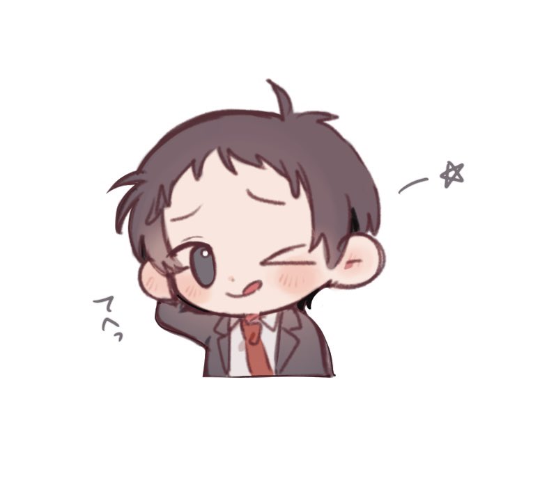 >_o, 1boy, adachi_tooru, arm_behind_head, black_jacket, blush, brown_hair, chibi