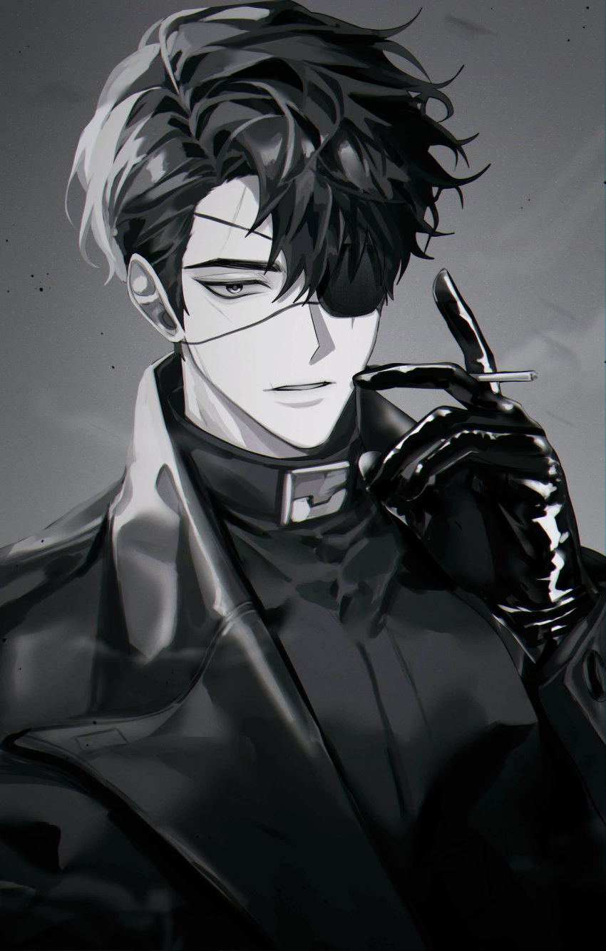 1boy, belt, black_coat, black_eyes, black_gloves, black_hair, black_shirt, cigarette, coat, commentary, crew_neck, curtained_hair, eyepatch, gloves, greyscale, highres, holding, holding_cigarette, looking_at_viewer, male_focus, monochrome, narak, omniscient_reader's_viewpoint, one_eye_covered, open_clothes, open_coat, parted_lips, scar, scar_on_face, shirt, short_hair, smoking, solo, upper_body, yoo_joonghyuk_(999th_turn)