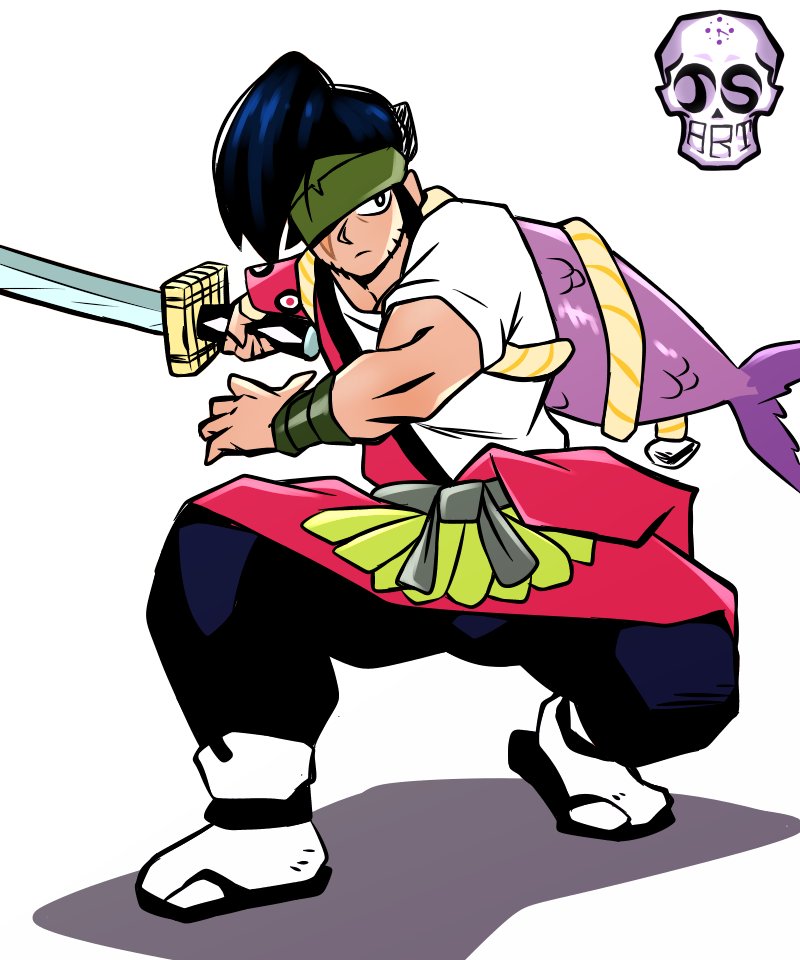 angry, artist_name, black_hair, brawl_stars, fighting_stance, jsart12, katana, kenji_(brawl_stars), male_focus, muscular, simple_background, sword, weapon