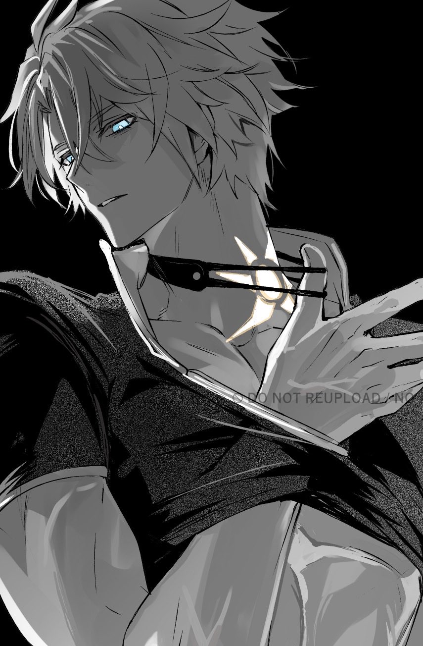 1boy, arm_up, black_background, blue_eyes, choker, clothes_lift, collarbone, collared_shirt