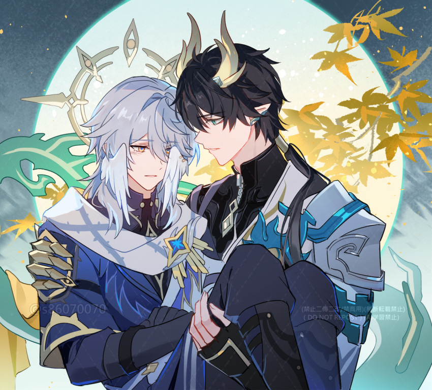 2boys, black_gloves, black_hair, black_shirt, blue_eyes, blue_hair, carrying, carrying_person