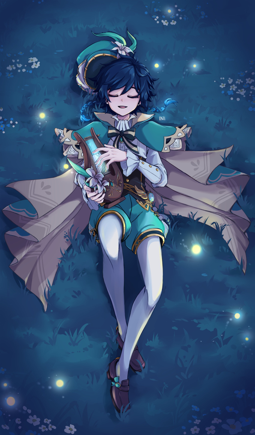 1boy, androgynous, beret, black_hair, blue_hair, bow, braid, cape, closed_eyes, fireflies, flower, genshin_impact, gradient_hair, grass, hat, highres, inimoose, instrument, long_sleeves, lying, lyre, male_focus, multicolored_hair, on_back, on_grass, pantyhose, puffy_shorts, shirt, shoes, shorts, side_braids, smile, solo, twin_braids, venti_(genshin_impact), white_flower, white_pantyhose, white_shirt