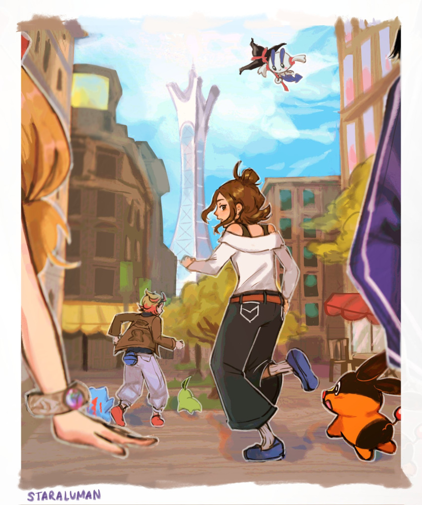 2boys, 2girls, blonde_hair, brown_hair, calem_(pokemon), chikorita, floette, floette_(red_flower)