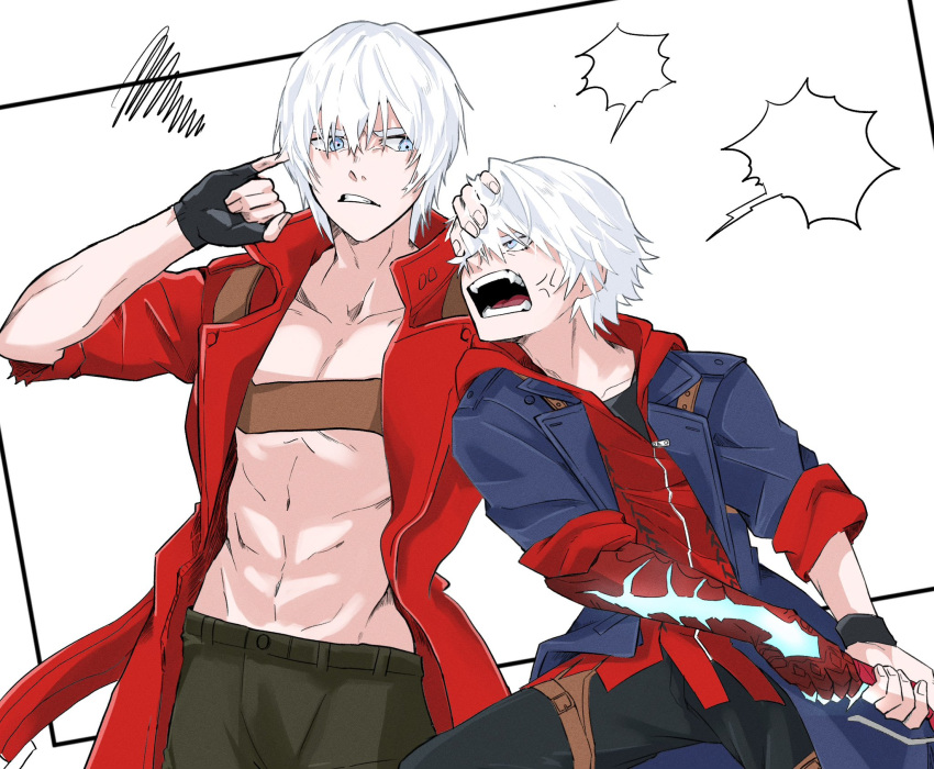 2boys, abs, anger_vein, aonano_db, bare_pectorals, black_gloves, black_pants, blank_speech_bubble