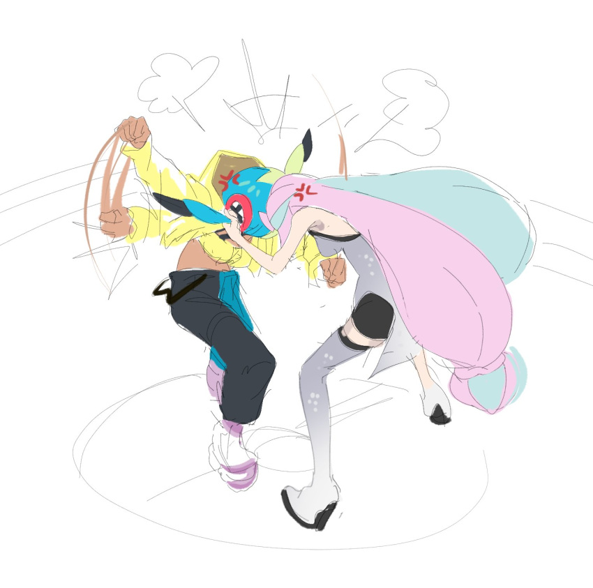 2girls, anger_vein, blonde_hair, blue_hair, canari_(pokemon), heads_together, hexagon_print, highres