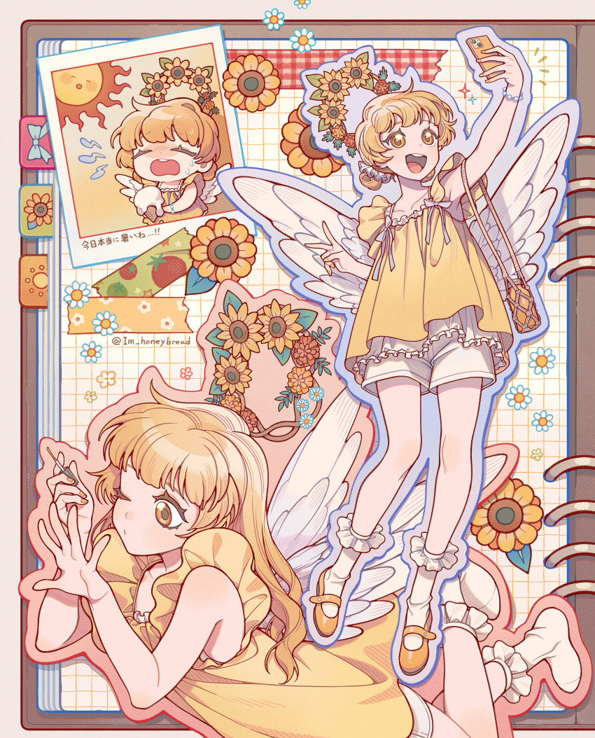 1girl, :d, absurdres, applying_manicure, bare_shoulders, blonde_hair, blue_outline, bracelet