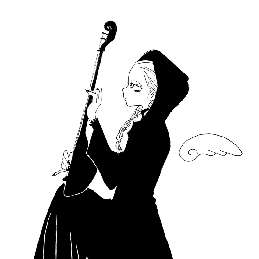 1girl, balalaika_(instrument), braid, detached_wings, dress, expressionless, fingernails, highres