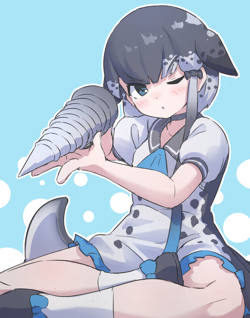 1girl, absurdres, black_bow, black_shoes, blue_bow, blue_eyes, blue_neckerchief, blush