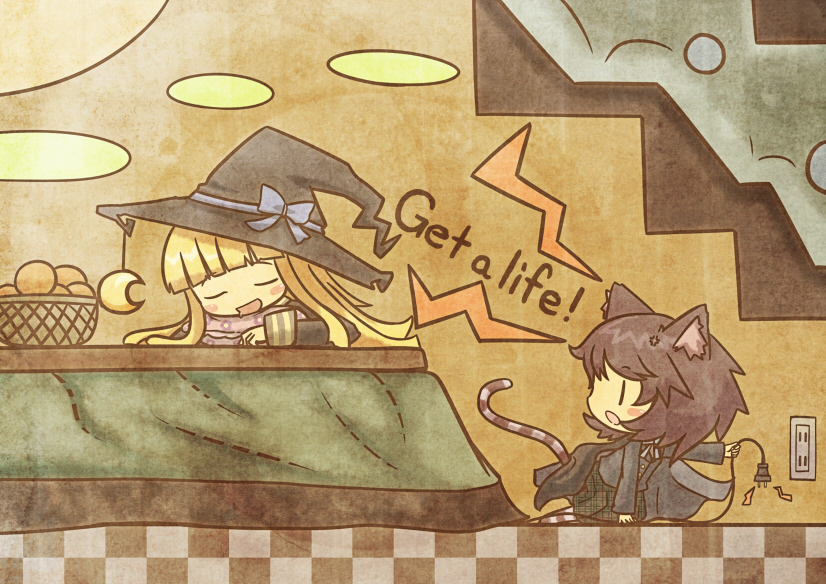 akihiyo, animal_ears, blonde_hair, blush_stickers, bow, brown_hair, cape, cat_ears