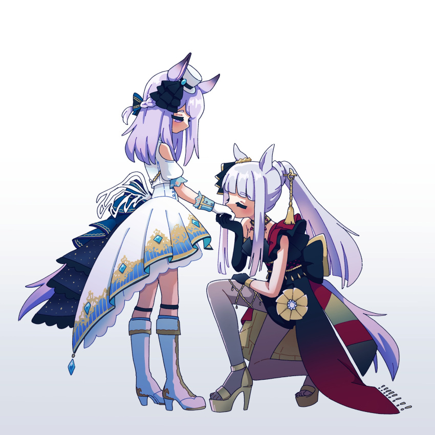 2girls, absurdres, animal_ears, asymmetrical_dress, asymmetrical_gloves, bare_shoulders, black_dress, black_gloves