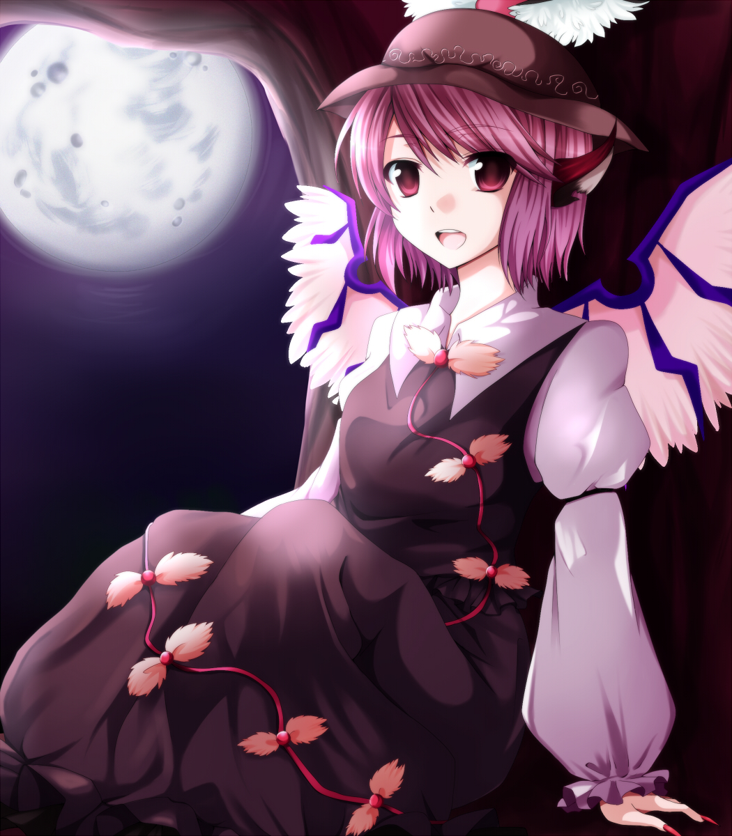 animal_ears, arm_support, dress, fingernails, full_moon, hat, highres, in_tree