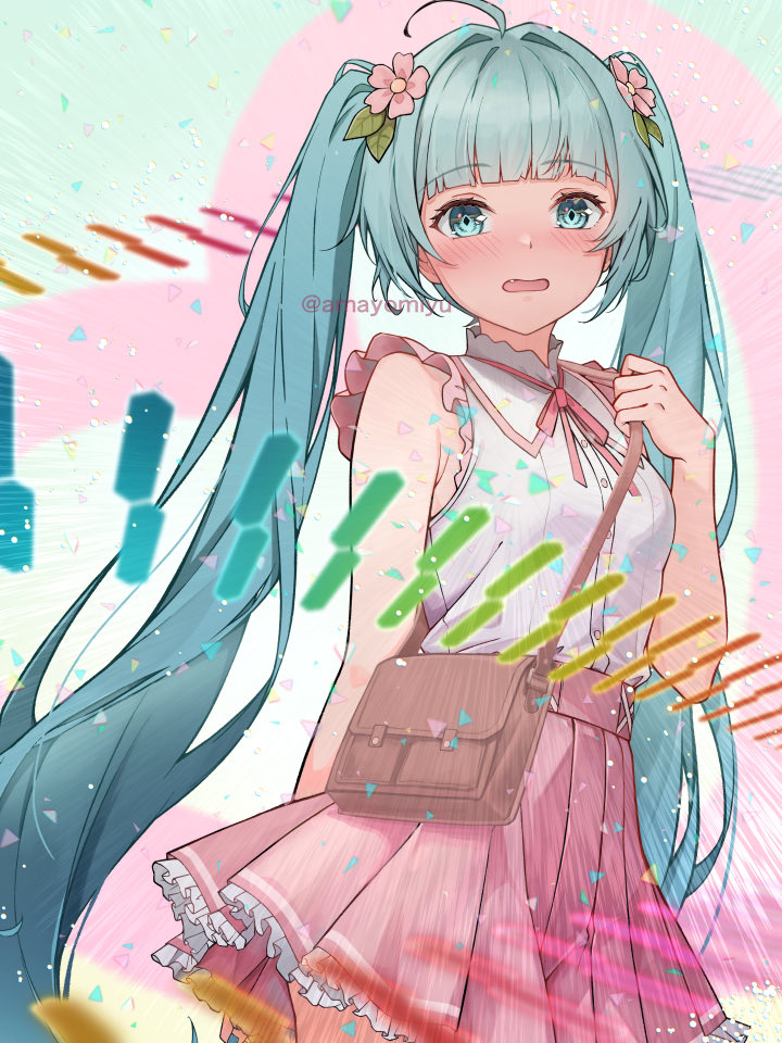 1girl, amayomiyu, aqua_eyes, bag, blue_hair, blunt_bangs, blush, commentary