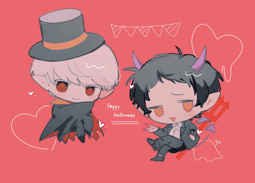 2boys, adachi_tooru, black_cape, black_hair, black_hat, black_jacket, black_pants, bow, bowtie, cape, closed_mouth, commentary_request, demon_boy, demon_costume, demon_tail, demon_wings, english_text, full_body, grey_hair, halloween, halloween_costume, happy_halloween, hat, heart, highres, horns, jacket, kamin_021, long_sleeves, looking_at_viewer, male_focus, multiple_boys, narukami_yu, open_mouth, orange_eyes, pants, persona, persona_4, pink_background, pitchfork, pointy_ears, purple_horns, purple_tail, purple_wings, red_eyes, shirt, short_hair, simple_background, smile, tail, top_hat, vampire_costume, white_bow, white_bowtie, white_shirt, wings