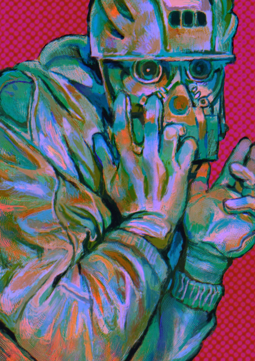 1boy, aikawa_(dorohedoro), commentary, dorohedoro, english_commentary, gas_mask, gloves, hat