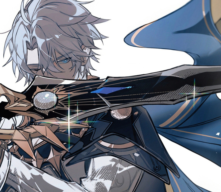 1boy, armor, belt, black_choker, blue_cape, blue_eyes, cape, choker, crossed_bangs, grey_hair, gyulseu, hair_between_eyes, highres, holding, holding_sword, holding_weapon, honkai:_star_rail, honkai_(series), male_focus, neck_tattoo, one_eye_closed, parted_bangs, pauldrons, phainon_(honkai:_star_rail), short_hair, shoulder_armor, simple_background, single_pauldron, solo, sword, tattoo, upper_body, weapon, white_background, yellow_cape, yellow_pupils