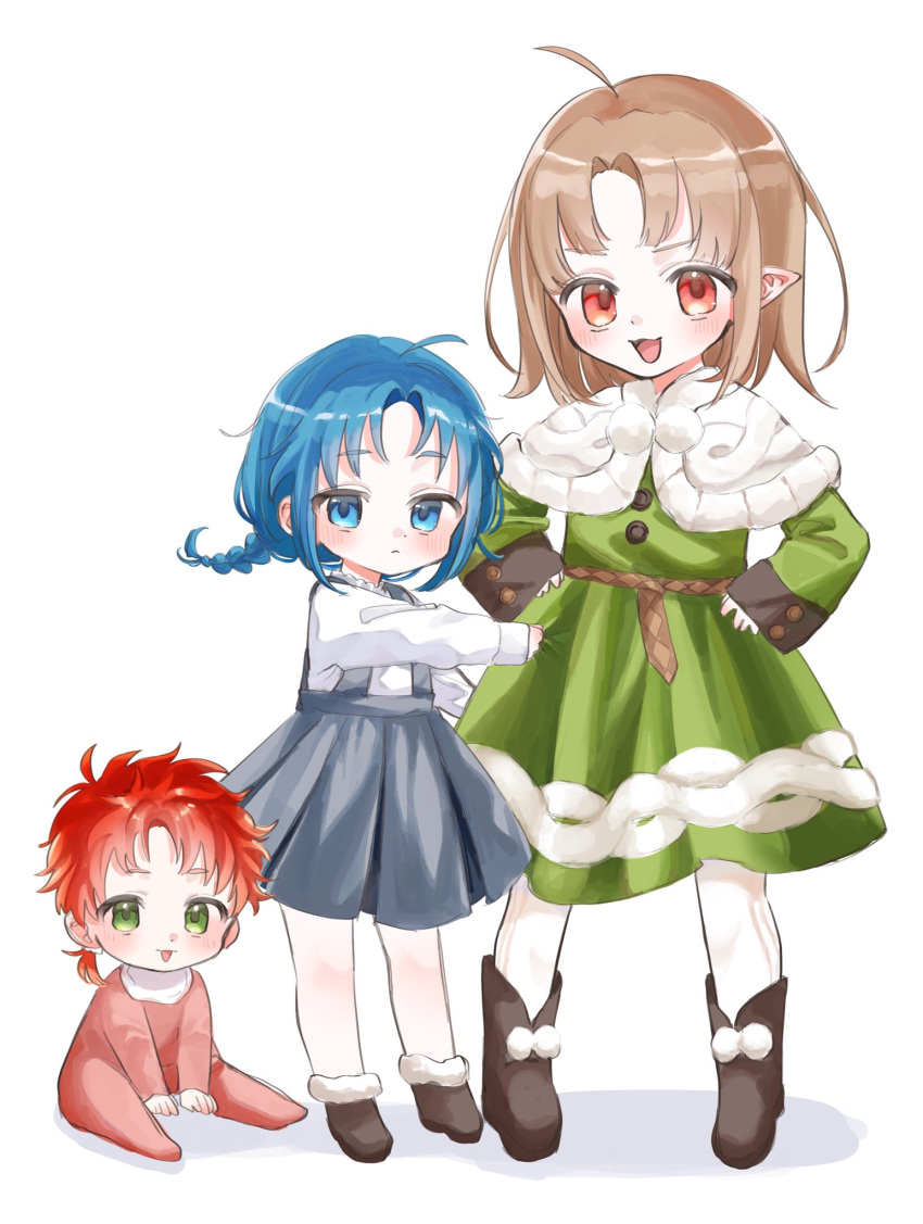ahoge, ars_greyrat, blue_eyes, blue_hair, blush, boots, braid, brother_and_sister