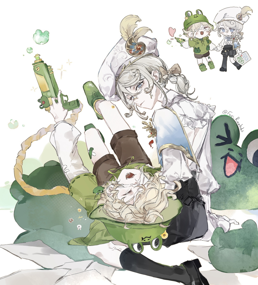 2boys, absurdres, back_cutout, ball, bandaid, black_shorts, blonde_hair, blue_eyes, boots, bow, brown_shorts, chibi, closed_eyes, clothing_cutout, edgar_valden, edgar_valden_(golden_ratio), florian_brand, florian_brand_(leonard), full_body, fuluolianwanoshen, gun, hair_between_eyes, hat, hat_feather, heart, highres, holding, holding_gun, holding_weapon, hood, identity_v, long_hair, long_sleeves, looking_at_viewer, male_focus, multiple_boys, open_mouth, paper, ponytail, shirt, short_hair, shorts, sitting, smile, socks, teeth, water_gun, weapon, white_background, white_shirt