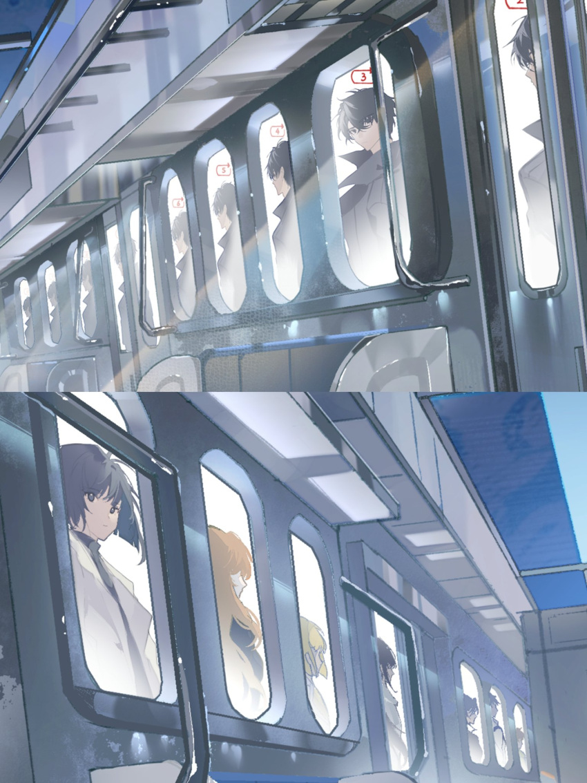 5girls, 6+boys, black_coat, black_eyes, black_shirt, blonde_hair, bob_cut, coat