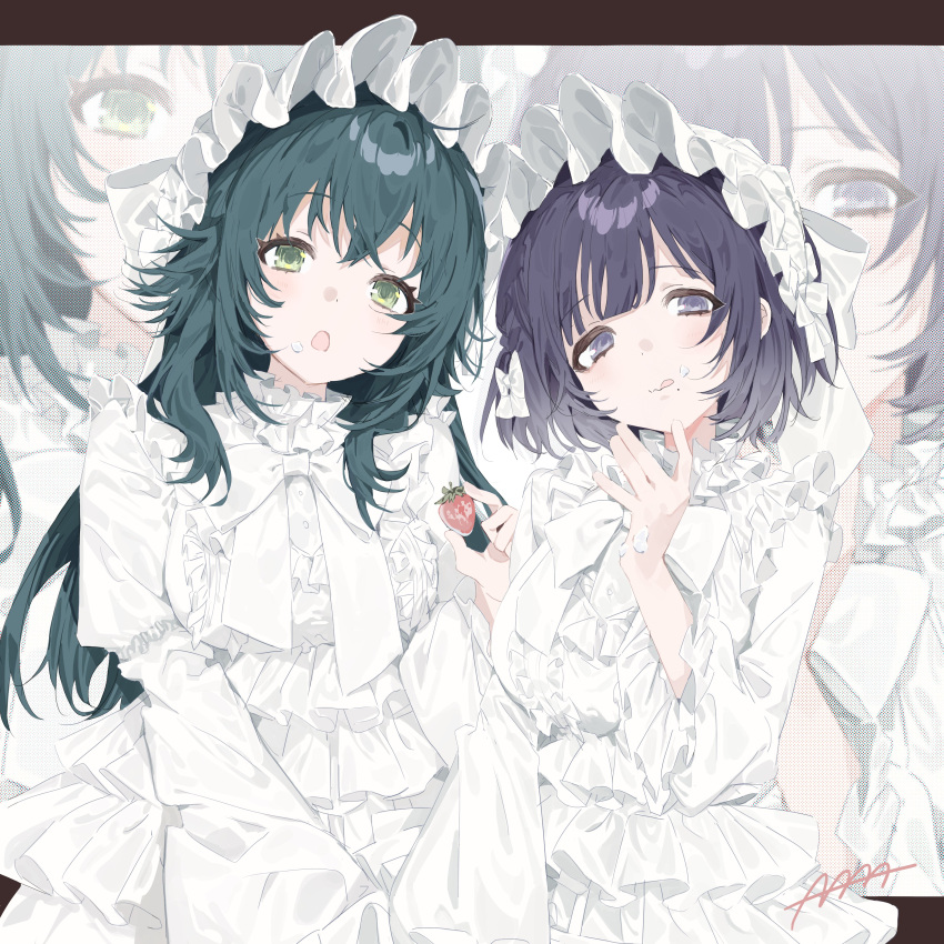 2girls, 4_ge, absurdres, alternate_costume, bow, commentary, dress, food