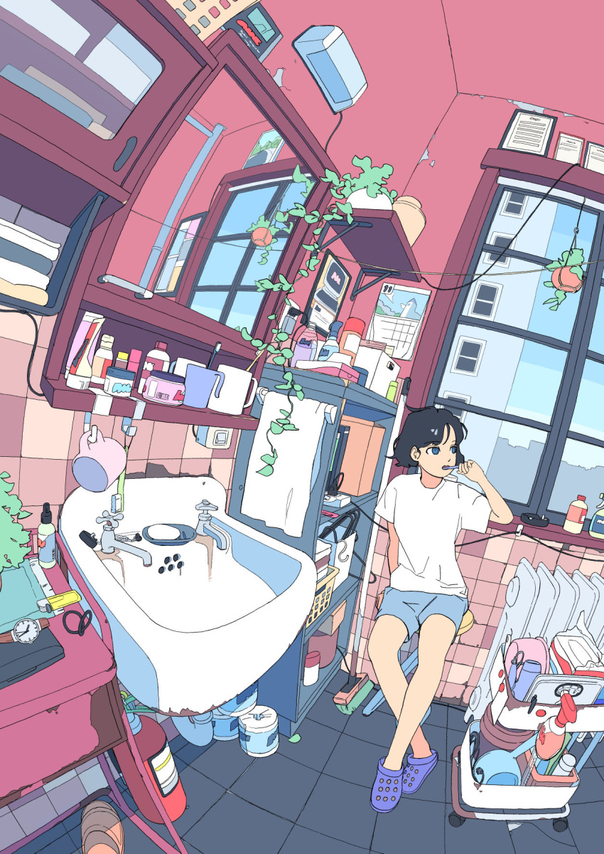 1girl, akabane_1999, arm_support, bar_soap, bathroom, black_hair, blue_eyes, blue_shoes