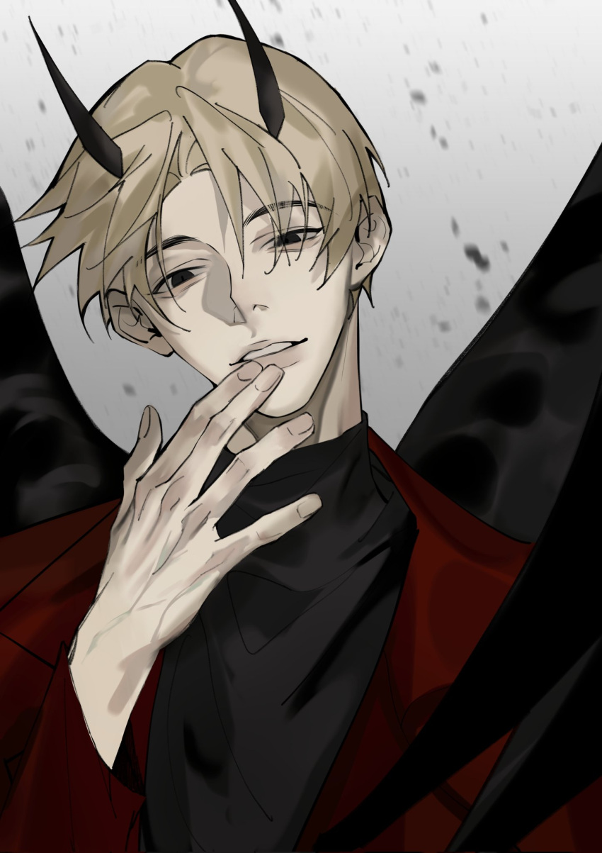 1boy, aegyo_sal, black_eyes, black_shirt, black_wings, blonde_hair, cheon_inho, coat