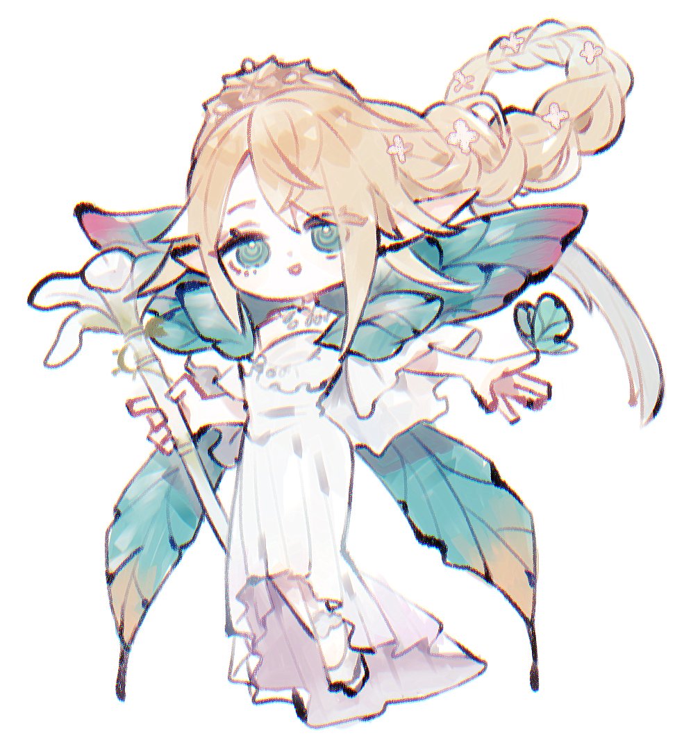 1other, blue_eyes, braid, brown_hair, bug, butterfly, dress, fairy, fairy_wings, final_fantasy, final_fantasy_xiv, holding, holding_staff, long_hair, looking_at_viewer, namikaze_so, pixie_(ff14), pointy_ears, simple_background, single_braid, smile, solo, staff, tiara, titania_(final_fantasy), white_background, white_dress, wings