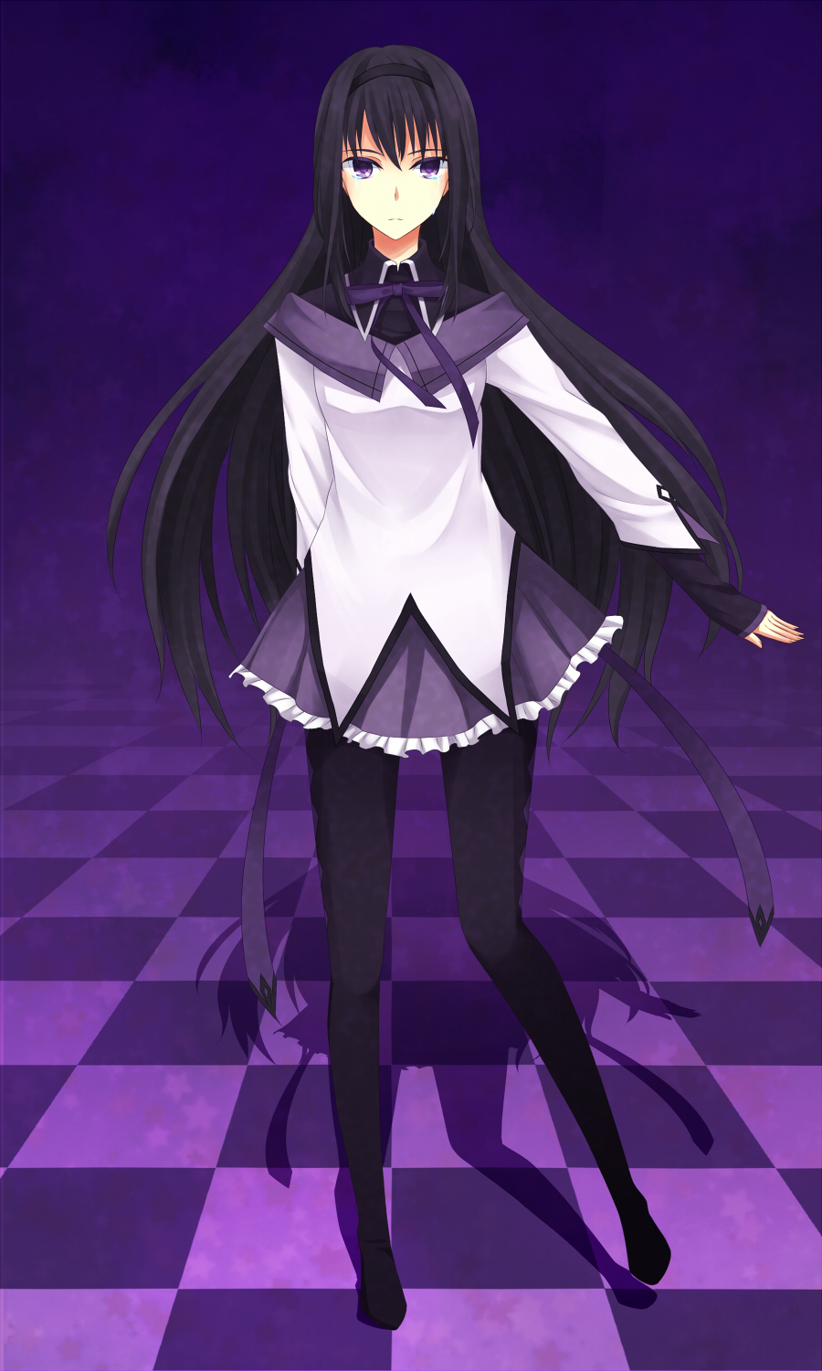 akemi_homura, black_hair, checkered, checkered_floor, frills, hairband, highres, long_hair