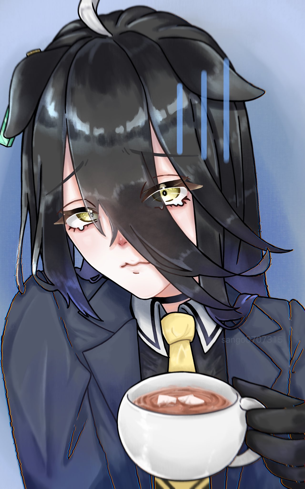 1girl, animal_ears, black_choker, black_coat, black_gloves, black_shirt, blue_background, choker