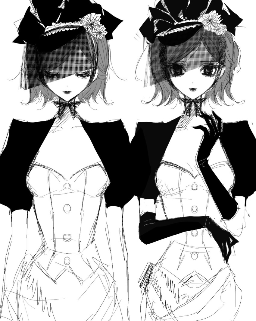 2girls, black_eyes, black_gloves, black_lips, black_veil, chloe_nair, closed_eyes, collarbone
