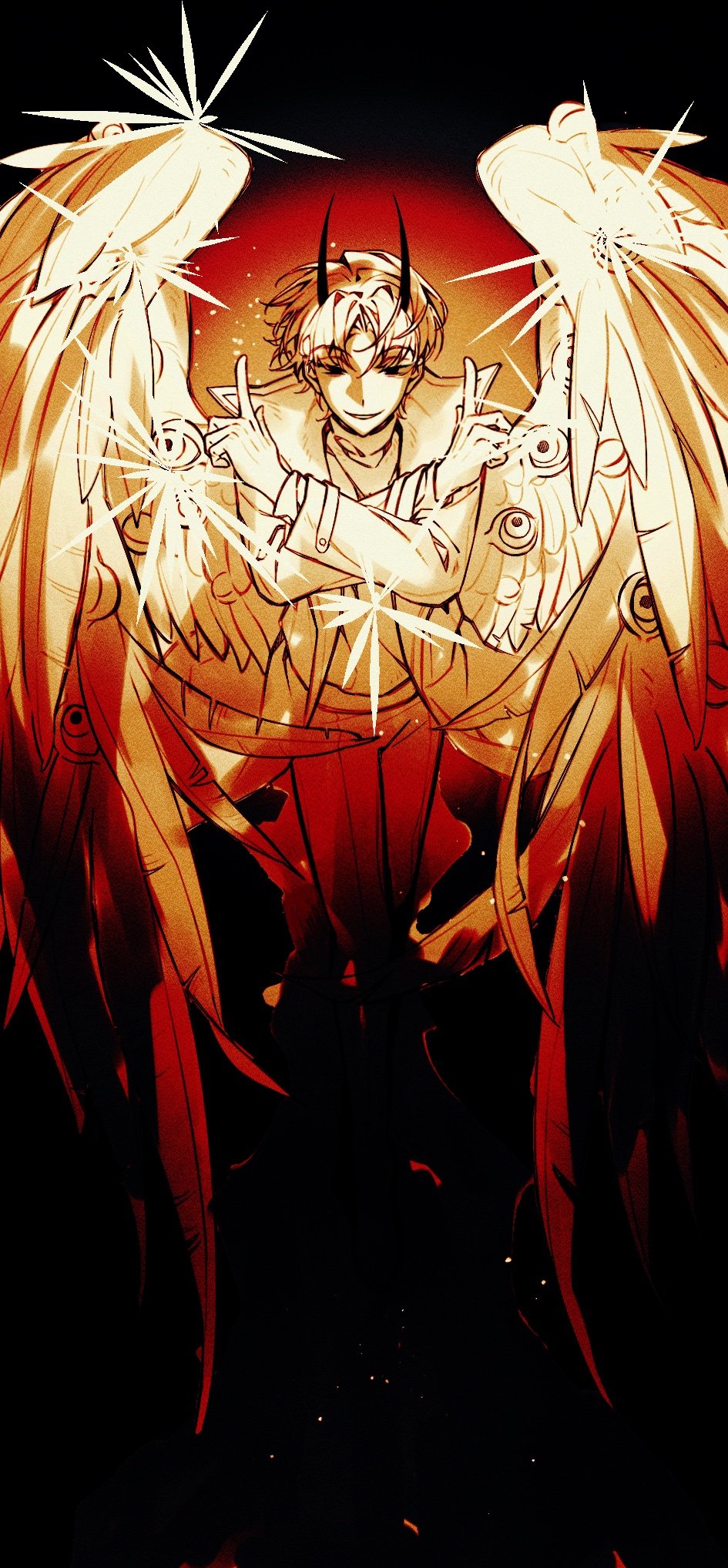 1boy, blonde_hair, cheon_inho, coat, commentary, crew_neck, crossed_arms, demon_horns