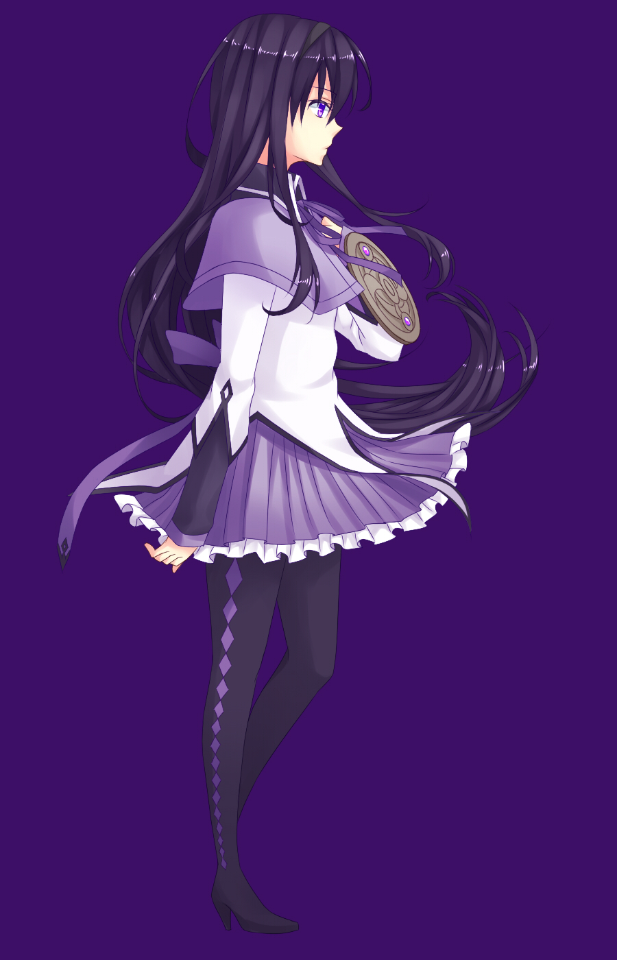 akemi_homura, argyle, argyle_legwear, black_hair, boots, hairband, highres, long_hair