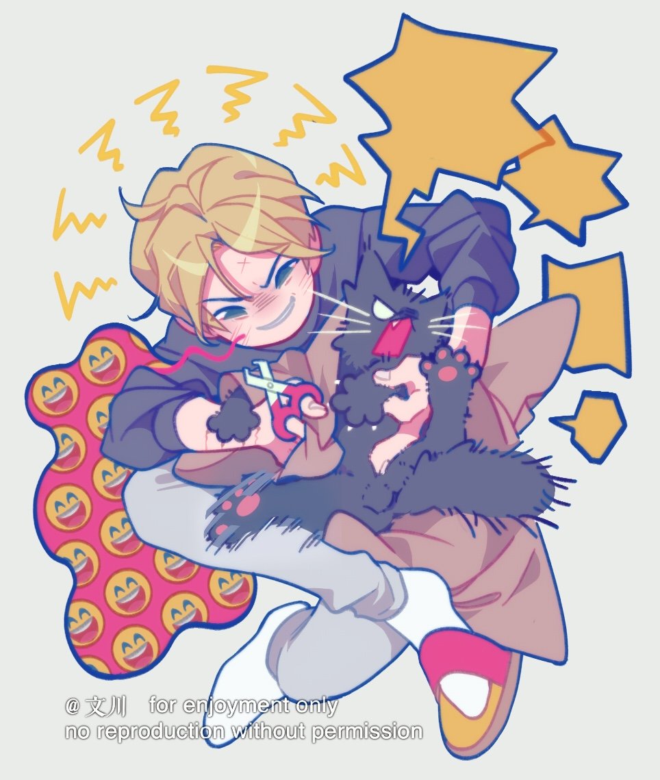 >:), 1boy, 1other, animal, animalization, black_cat, black_eyes, black_shirt