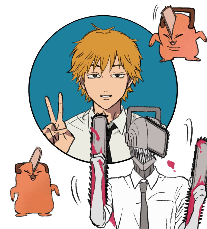 1boy, blonde_hair, blood, blood_on_weapon, chainsaw, chainsaw_man, collared_shirt, commentary_request