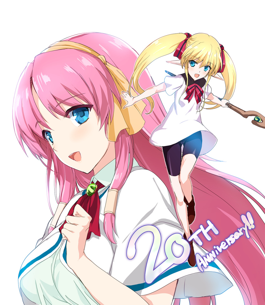 2girls, :d, anniversary, blonde_hair, blue_eyes, breasts, colette_brause, highres