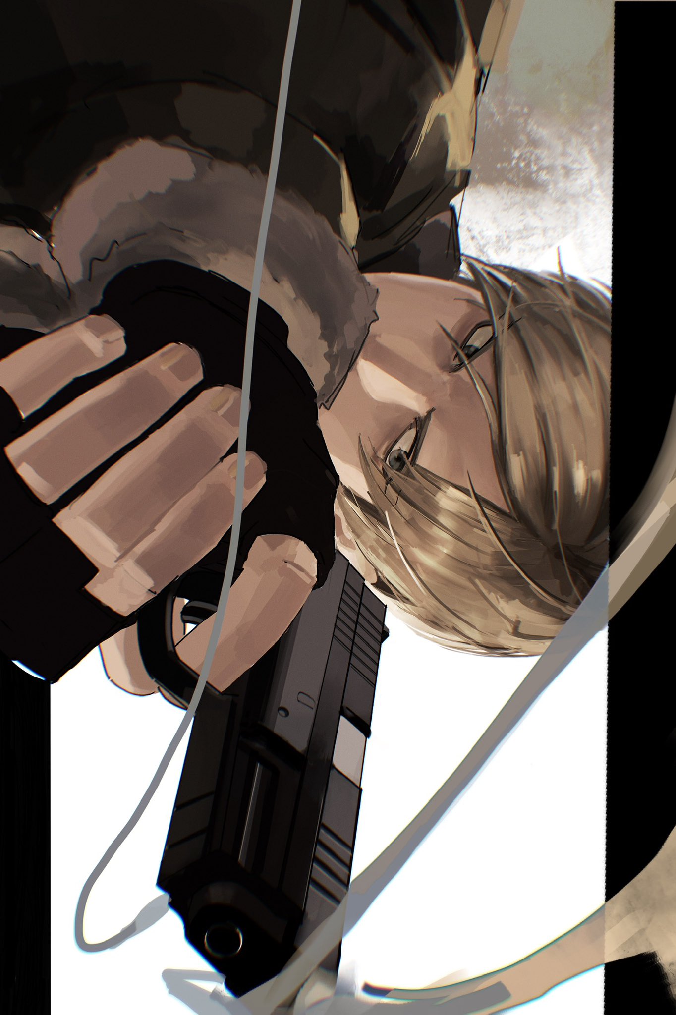 1boy, black_border, black_swan_(e.g.o), blonde_hair, border, e.g.o_(project_moon), fingerless_gloves, fur-trimmed_jacket, fur_trim, furrowed_brow, gloves, grey_eyes, gun, handgun, highres, holding, holding_gun, holding_weapon, jacket, leon_s._kennedy, male_focus, me_ju2, resident_evil, resident_evil_4, short_hair, smoke, smoking_barrel, solo, upper_body, weapon, white_background