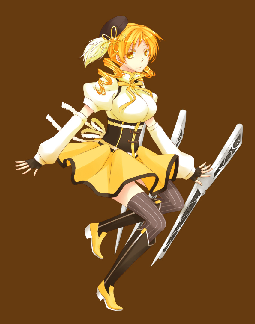 beret, blonde_hair, boots, breasts, corset, detached_sleeves, drill_hair, fingerless_gloves