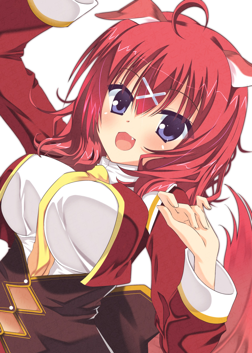 1girl, :d, absurdres, ahoge, amairo_islenauts, animal_ears, between_breasts, blue_eyes