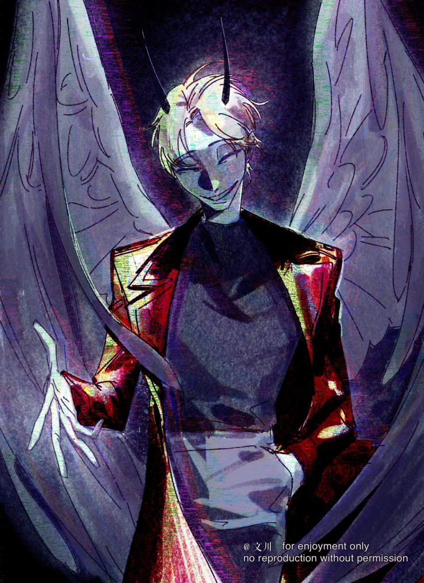 1boy, black_shirt, blonde_hair, cheon_inho, chromatic_aberration, coat, cowboy_shot, crazy_grin