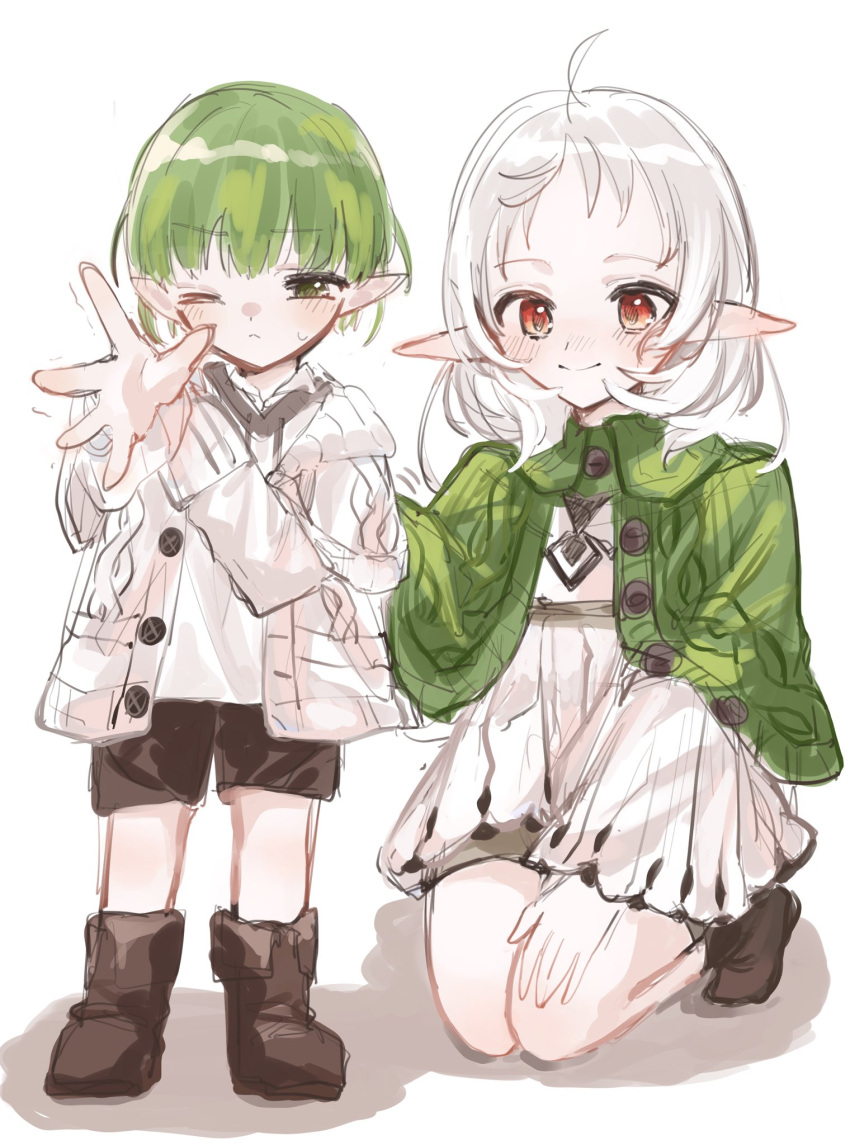 ahoge, boots, capelet, elf, fur_trim, green_capelet, green_hair, highres