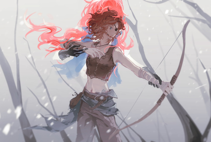 2girls, bandaged_arm, bandages, black_gloves, blue_eyes, bow_(weapon), braid, branch, brown_pants, brynhildr_vilulf, crop_top, eyepatch, floating_clothes, floating_hair, freckles, gloves, highres, holding_another's_wrist, identity_v, jewelry, long_hair, looking_ahead, multiple_braids, multiple_girls, navel, orange_hair, pants, pendant, qinglan1044, short_hair, snow, tank_top, wavy_hair, weapon, yellow_tank_top