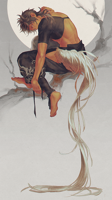 1boy, arm_up, barefoot, black_pants, branch, brown_eyes, brown_hair, commentary_request