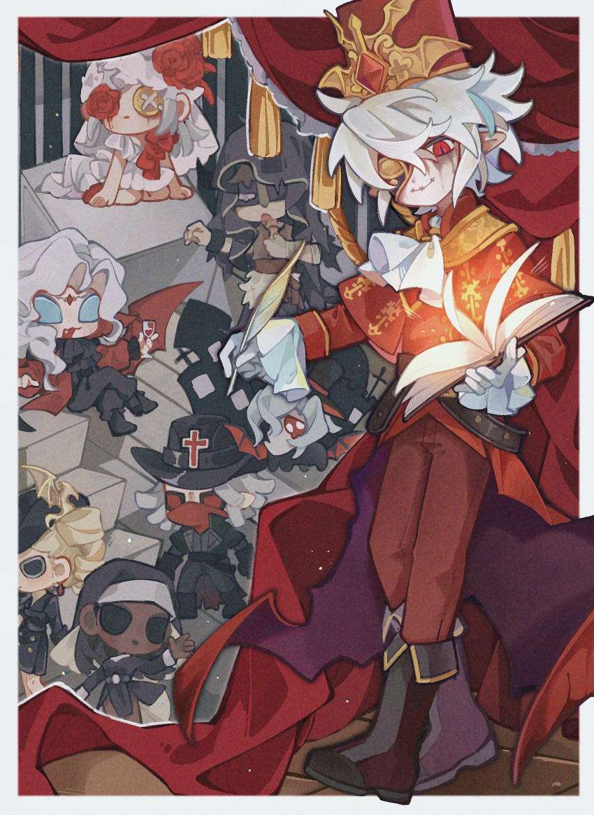 3girls, 5boys, black_boots, black_eyes, black_sclera, blue_sclera, book, boots