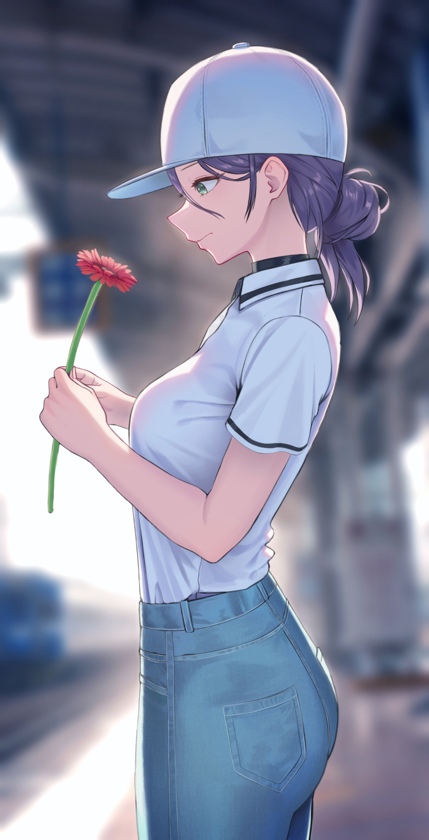 1girl, absurdres, ass, baseball_cap, black_choker, blue_pants, blurry, blurry_background