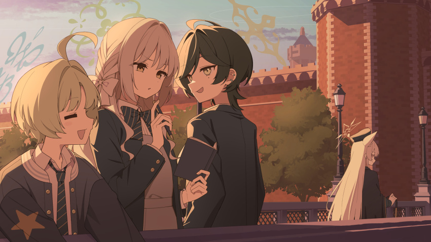 4girls, ahoge, akira_(blue_archive), akira_(miria)_(blue_archive), animal_ears, black_bow, black_bowtie, black_hair