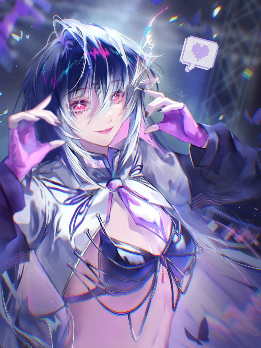 000_(path_to_nowhere), 1girl, black_bra, bra, breasts, clothing_cutout, glitch, hair_between_eyes